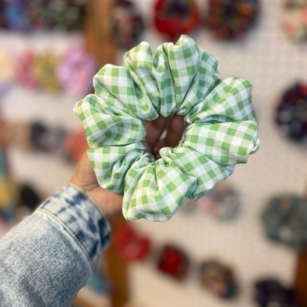Light Green Gingham Scrunchie - Soft Check Hair Tie